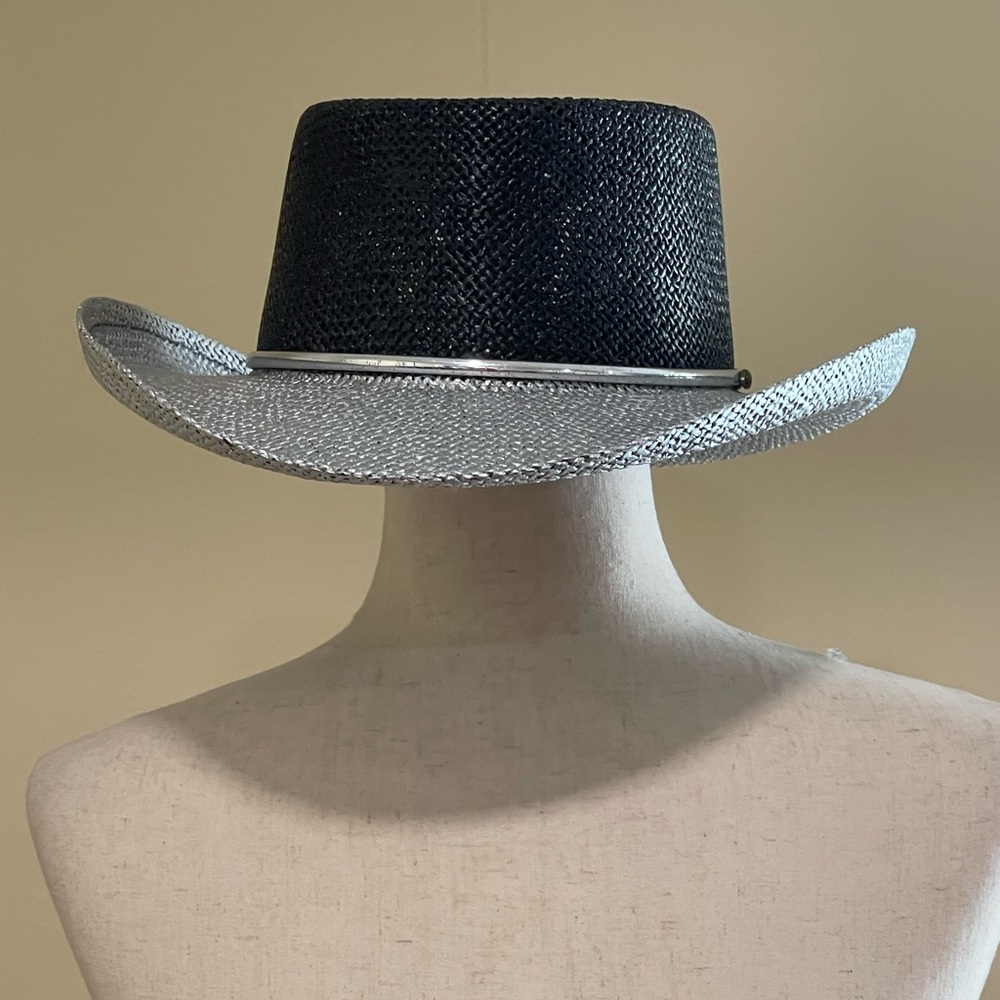 Women’s Vintage Two Tone Colorblock Cowboy Hat OS Black Silver Derby Party